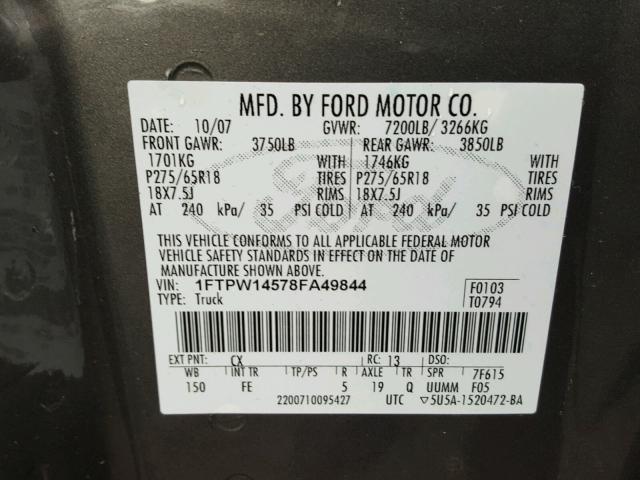 1FTPW14578FA49844 - 2008 FORD F150 SUPER GRAY photo 10