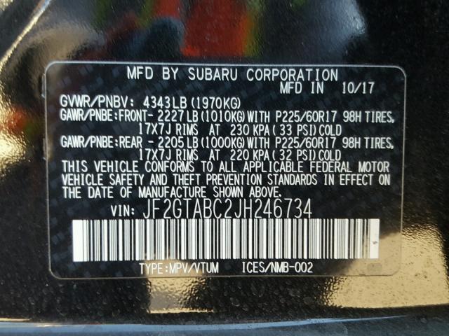 JF2GTABC2JH246734 - 2018 SUBARU CROSSTREK BLACK photo 10