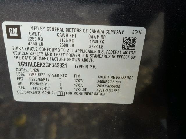 2GNALCEK2G6345921 - 2016 CHEVROLET EQUINOX LT BLACK photo 10