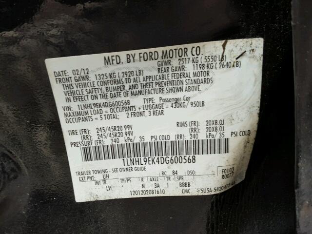 1LNHL9EK4DG600568 - 2013 LINCOLN MKS BLACK photo 10