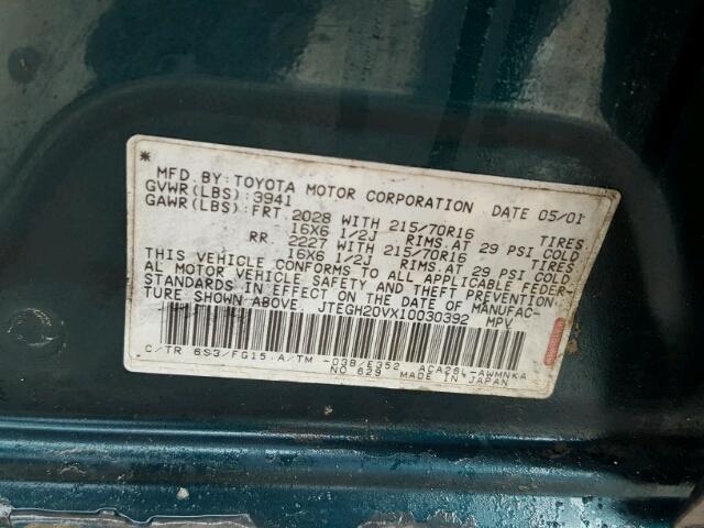 JTEGH20VX10030392 - 2001 TOYOTA RAV4 GREEN photo 10