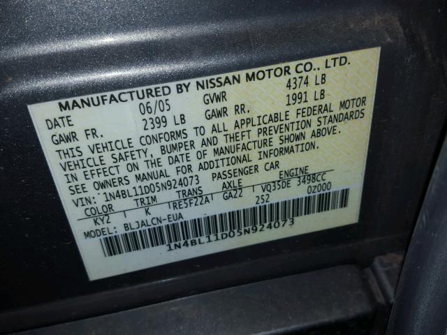 1N4BL11D05N924073 - 2005 NISSAN ALTIMA SE CHARCOAL photo 10