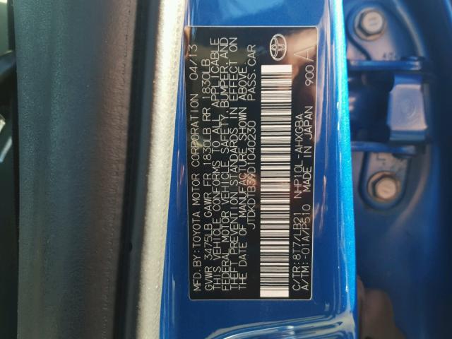 JTDKDTB39D1040230 - 2013 TOYOTA PRIUS C BLUE photo 10