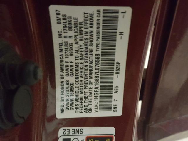 1HGFA16887L076568 - 2007 HONDA CIVIC EX მუქწითელი ფოტო 10