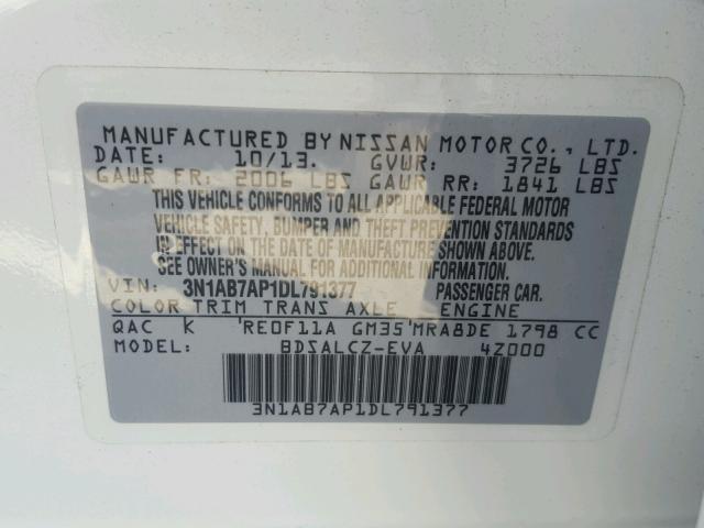 3N1AB7AP1DL791377 - 2013 NISSAN SENTRA S WHITE photo 10