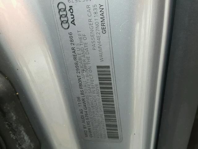 WAUMV44E27N011835 - 2007 AUDI A8 L QUATT SILVER photo 10