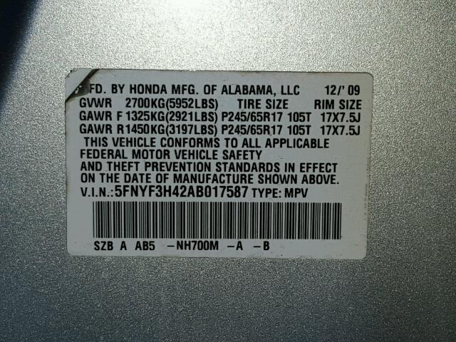 5FNYF3H42AB017587 - 2010 HONDA PILOT EX SILVER photo 10