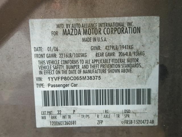 1YVFP80C065M38375 - 2006 MAZDA 6 I ნაცრისფერი ფოტო 10