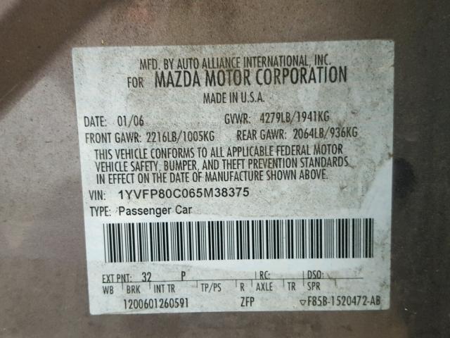 1YVFP80C065M38375 - 2006 MAZDA 6 I GRAY photo 10