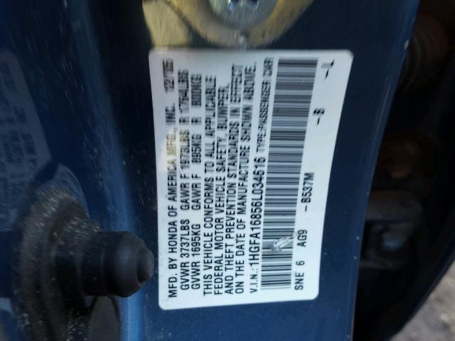 1HGFA16856L034616 - 2006 HONDA CIVIC EX BLUE photo 10