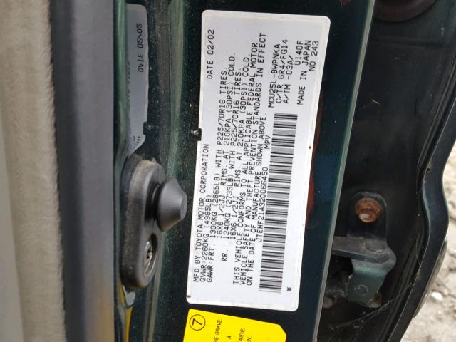 JTEHF21A320066450 - 2002 TOYOTA HIGHLANDER GREEN photo 10