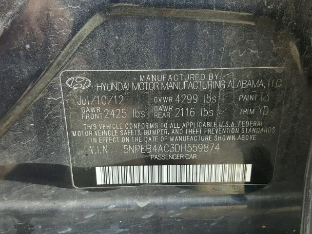 5NPEB4AC3DH559874 - 2013 HYUNDAI SONATA GLS BLACK photo 10