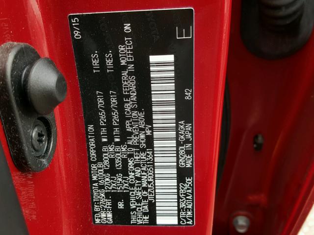 JTEZU5JR0G5113641 - 2016 TOYOTA 4RUNNER SR RED photo 10