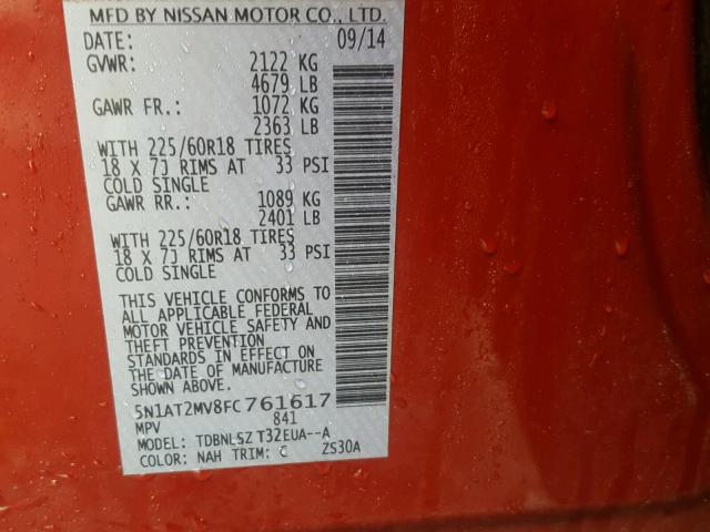 5N1AT2MV8FC761617 - 2015 NISSAN ROGUE S RED photo 10