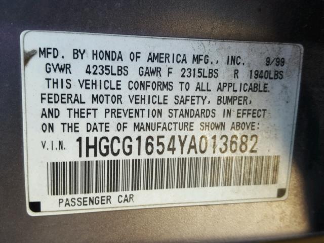 1HGCG1654YA013682 - 2000 HONDA ACCORD EX SILVER photo 10