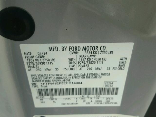 1FTFW1EF5EFC14904 - 2014 FORD F150 SUPER SILVER photo 10