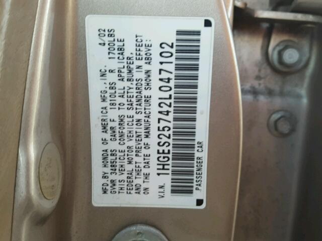 1HGES25742L047102 - 2002 HONDA CIVIC EX თაფლისფერი ფოტო 10