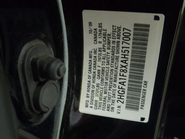 2HGFA1F8XAH517007 - 2010 HONDA CIVIC EX შავი ფოტო 10