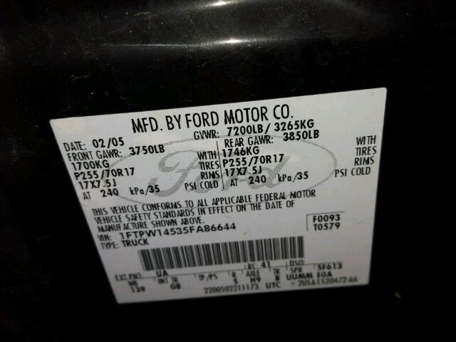 1FTPW14535FA86644 - 2005 FORD F150 SUPER BLACK photo 10