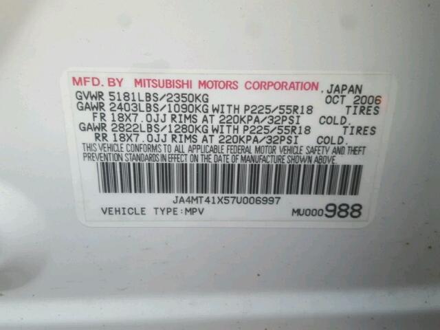 JA4MT41X57U006997 - 2007 MITSUBISHI OUTLANDER WHITE photo 10