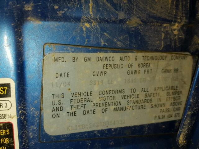 KL1TD52625B354332 - 2005 CHEVROLET AVEO BASE Mavi foto 10