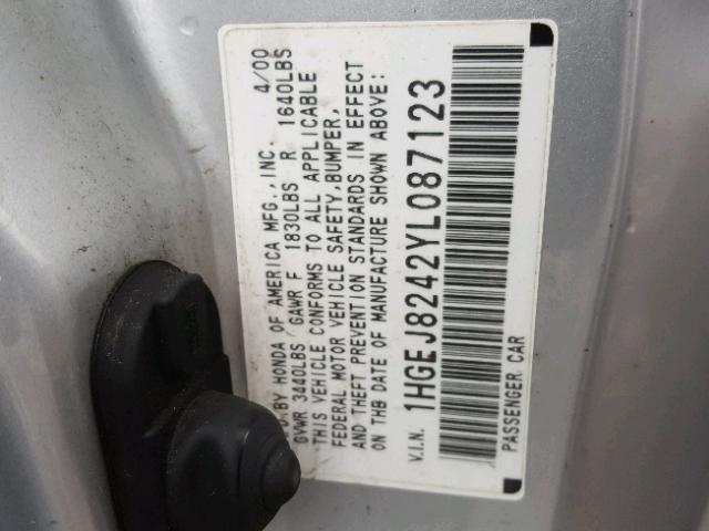 1HGEJ8242YL087123 - 2000 HONDA CIVIC EX ვერცხლისფერი ფოტო 10