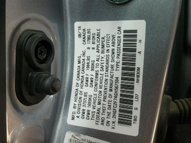 2HGFC2F74GH567594 - 2016 HONDA CIVIC EX ვერცხლისფერი ფოტო 10