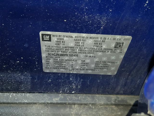 3GNCJNSB8HL192456 - 2017 CHEVROLET TRAX LS BLUE photo 10