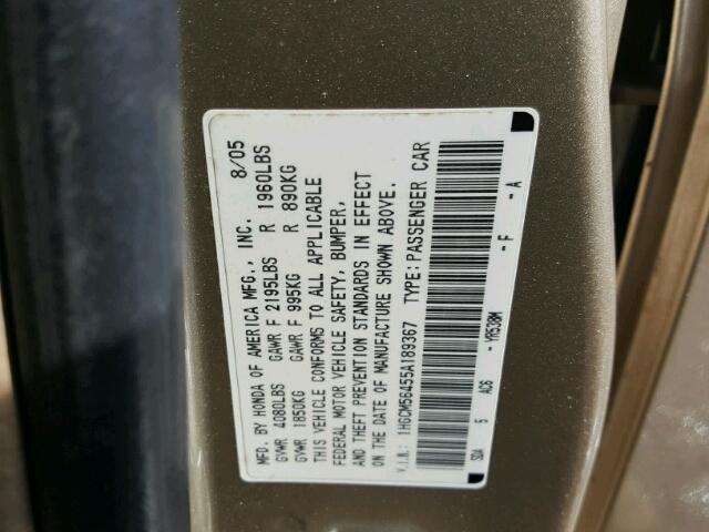 1HGCM56455A189367 - 2005 HONDA ACCORD LX GOLD photo 10