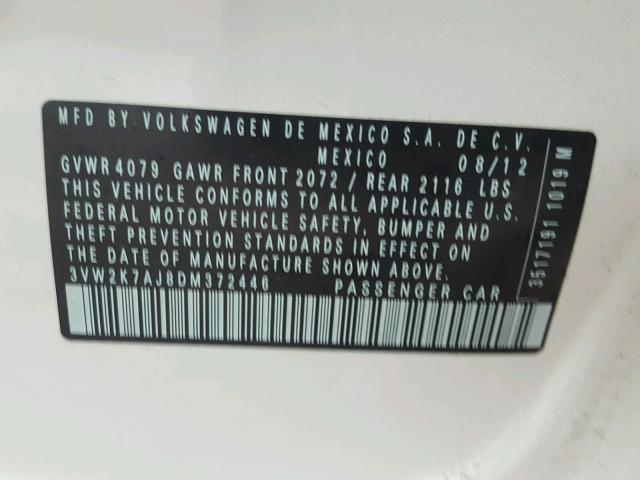 3VW2K7AJ8DM372446 - 2013 VOLKSWAGEN JETTA BASE 白色 照片 10