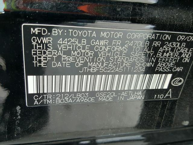 JTHBF5C22A5111234 - 2010 LEXUS IS 250 BLACK photo 10