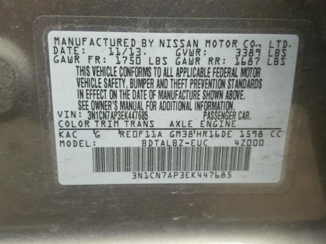 3N1CN7AP3EK447685 - 2014 NISSAN VERSA S GRAY photo 10