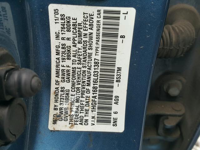 1HGFA16816L031387 - 2006 HONDA CIVIC EX ლურჯი ფოტო 10