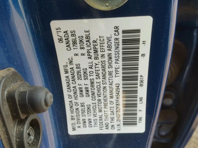 2HGFB2F87FH542943 - 2015 HONDA CIVIC EX BLUE photo 10