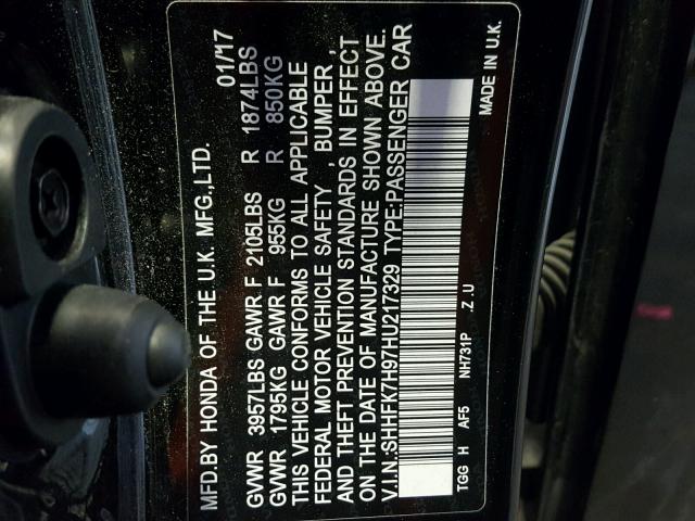 SHHFK7H97HU217329 - 2017 HONDA CIVIC SPOR BLACK photo 10