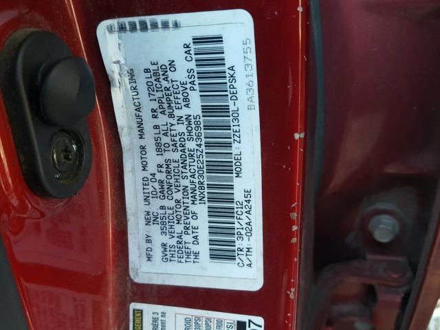 1NXBR30E25Z436985 - 2005 TOYOTA COROLLA CE RED photo 10