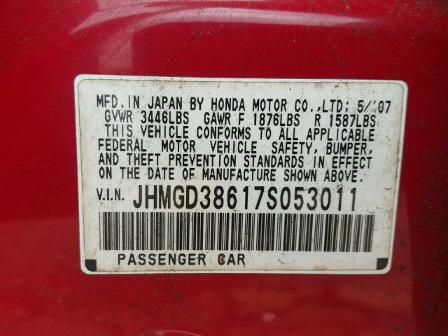 JHMGD38617S053011 - 2007 HONDA FIT S RED photo 10