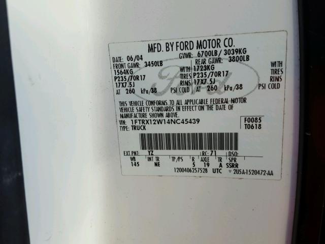 1FTRX12W14NC45439 - 2004 FORD F150 WHITE photo 10