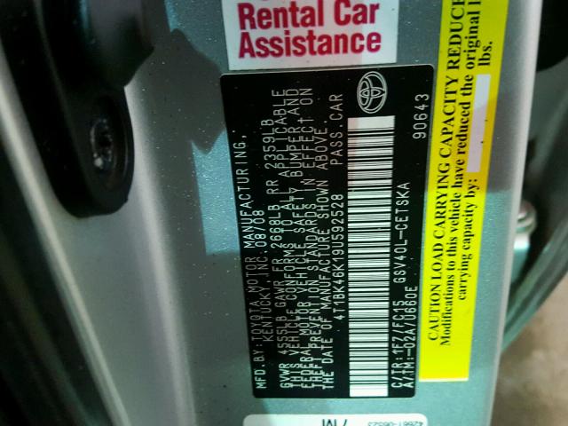 4T1BK46K19U592528 - 2009 TOYOTA CAMRY SE SILVER photo 10