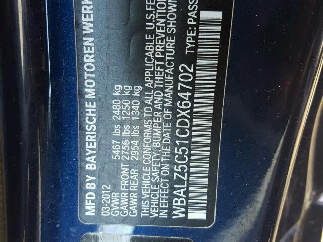 WBALZ5C51CDX64702 - 2012 BMW 650 XI BLUE photo 10