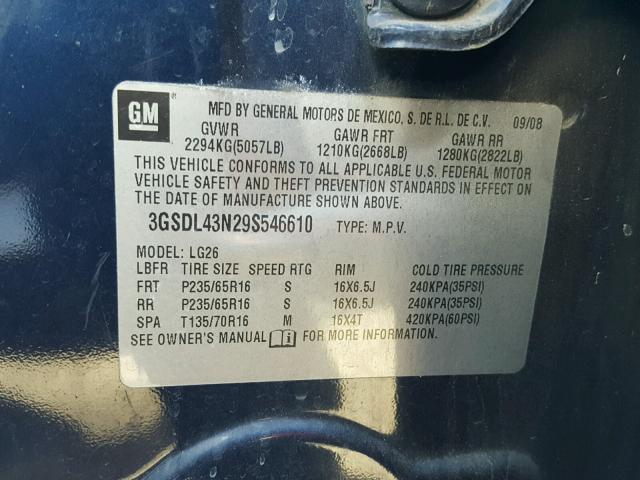 3GSDL43N29S546610 - 2009 SATURN VUE XE BLUE photo 10