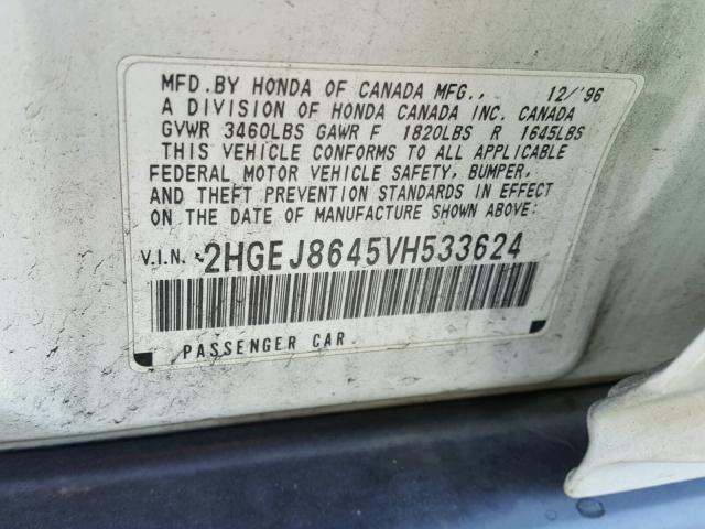 2HGEJ8645VH533624 - 1997 HONDA CIVIC EX თეთრი ფოტო 10