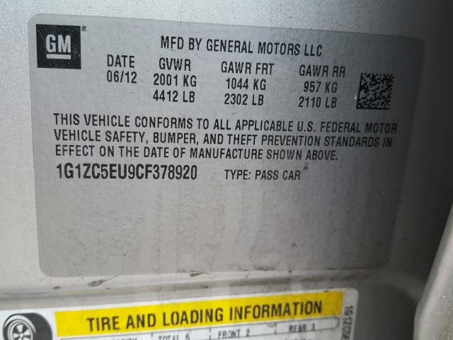 1G1ZC5EU9CF378920 - 2012 CHEVROLET MALIBU 1LT 银色 照片 10