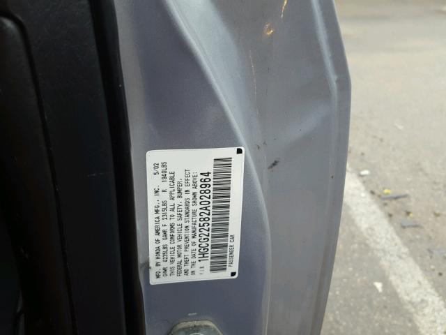 1HGCG22582A028964 - 2002 HONDA ACCORD EX SILVER photo 10