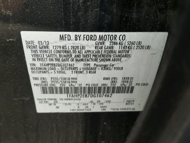 1FAHP2E87DG107462 - 2013 FORD TAURUS SEL BLACK photo 10