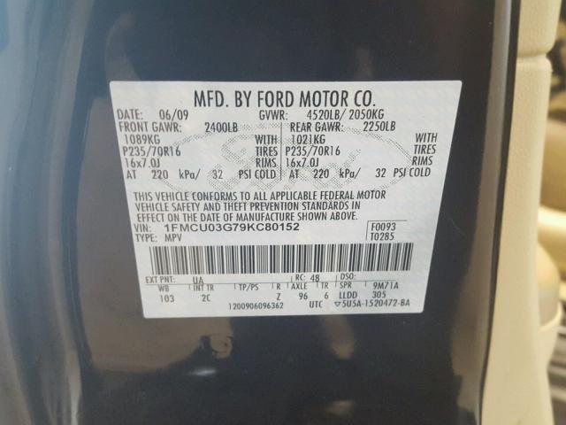 1FMCU03G79KC80152 - 2009 FORD ESCAPE XLT BLACK photo 10