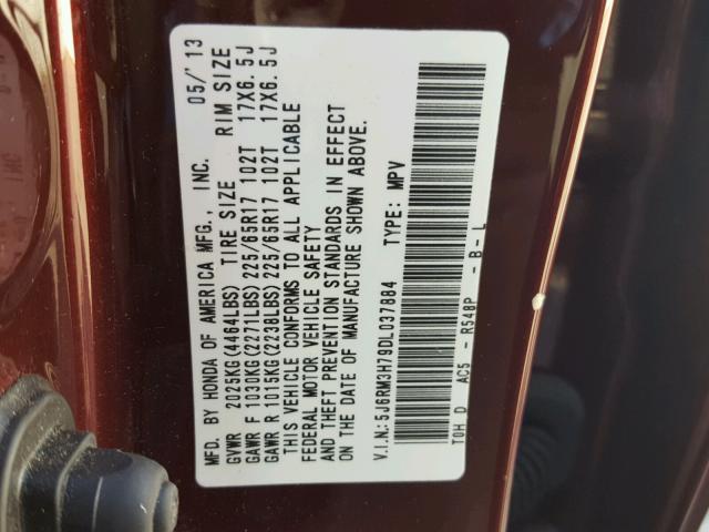 5J6RM3H79DL037884 - 2013 HONDA CR-V EXL BURGUNDY photo 10