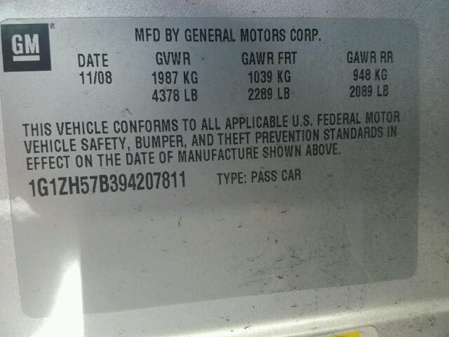 1G1ZH57B394207811 - 2009 CHEVROLET MALIBU 1LT 银色 照片 10