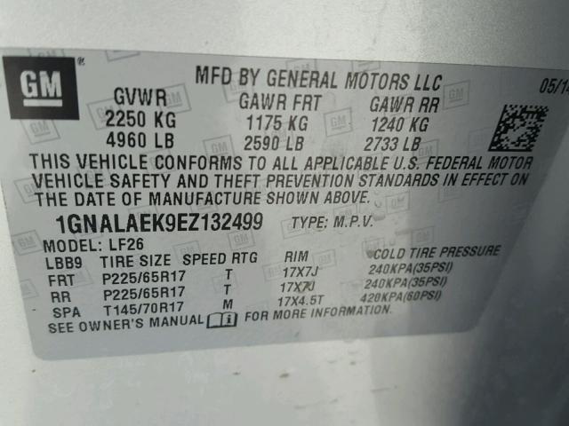 1GNALAEK9EZ132499 - 2014 CHEVROLET EQUINOX LS SILVER photo 10