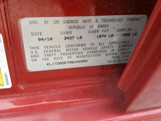 KL1TD6DE7AB122992 - 2010 CHEVROLET AVEO LS 红色 照片 10